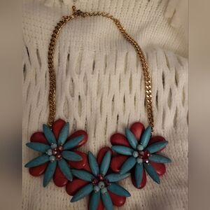 Floral Statement Necklace with Red and Blue Accents